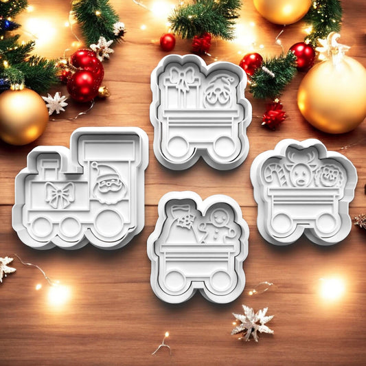 Father Christmas Train and Carriages Cookie Cutter and embosser stamp set.