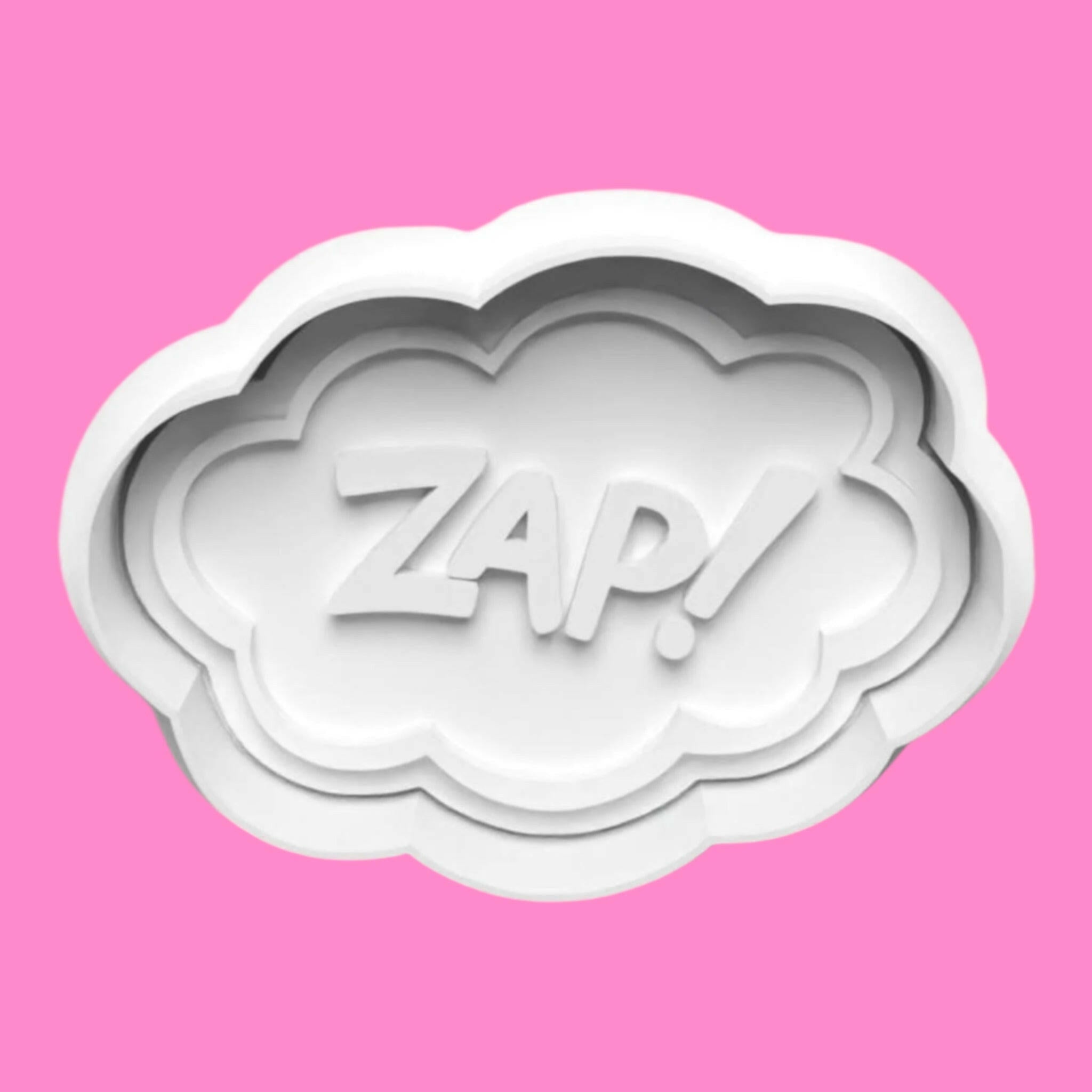 Comic Word Bubble Embosser and Cookie Cutter Set – "Zap," "Pow," "Wow," "Wham" Designs.