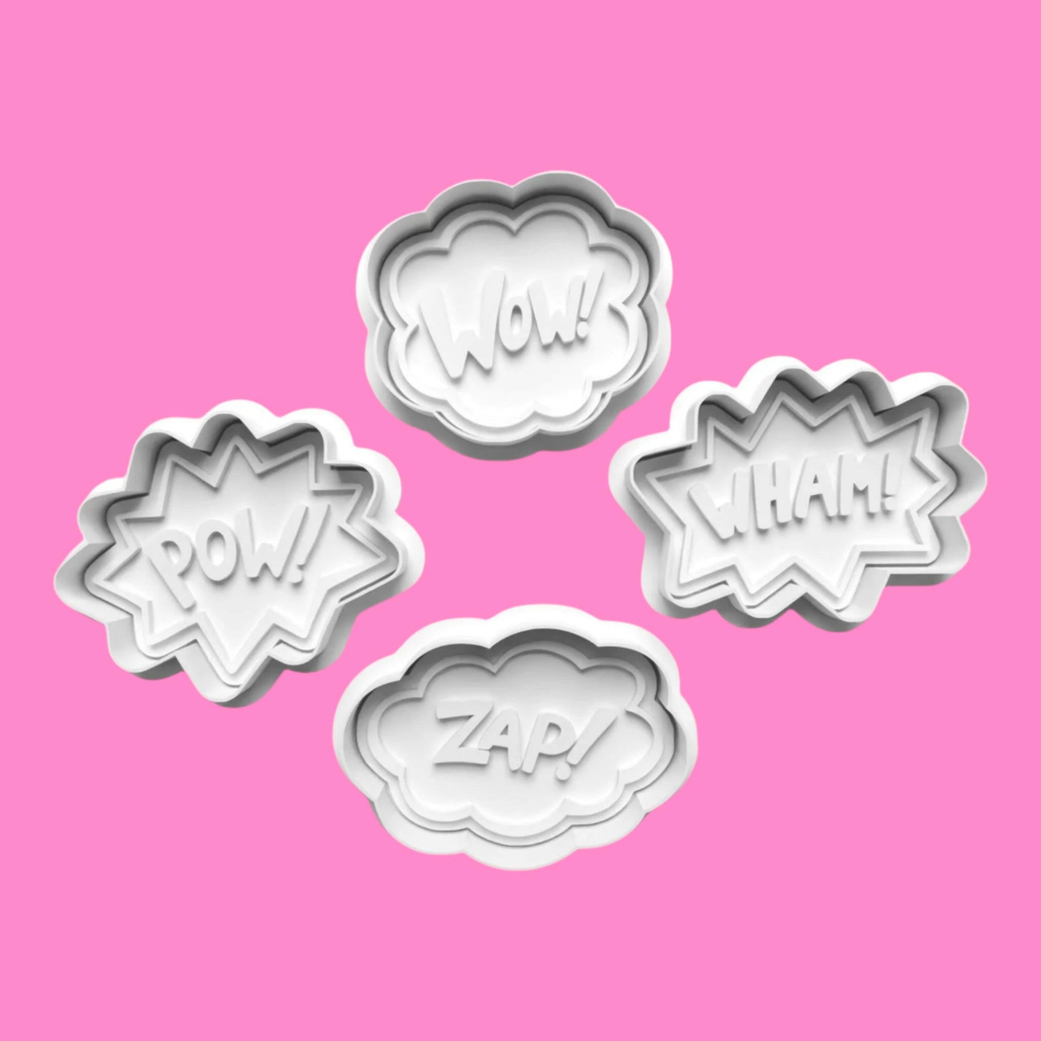 Comic Word Bubble Embosser and Cookie Cutter Set – "Zap," "Pow," "Wow," "Wham" Designs.