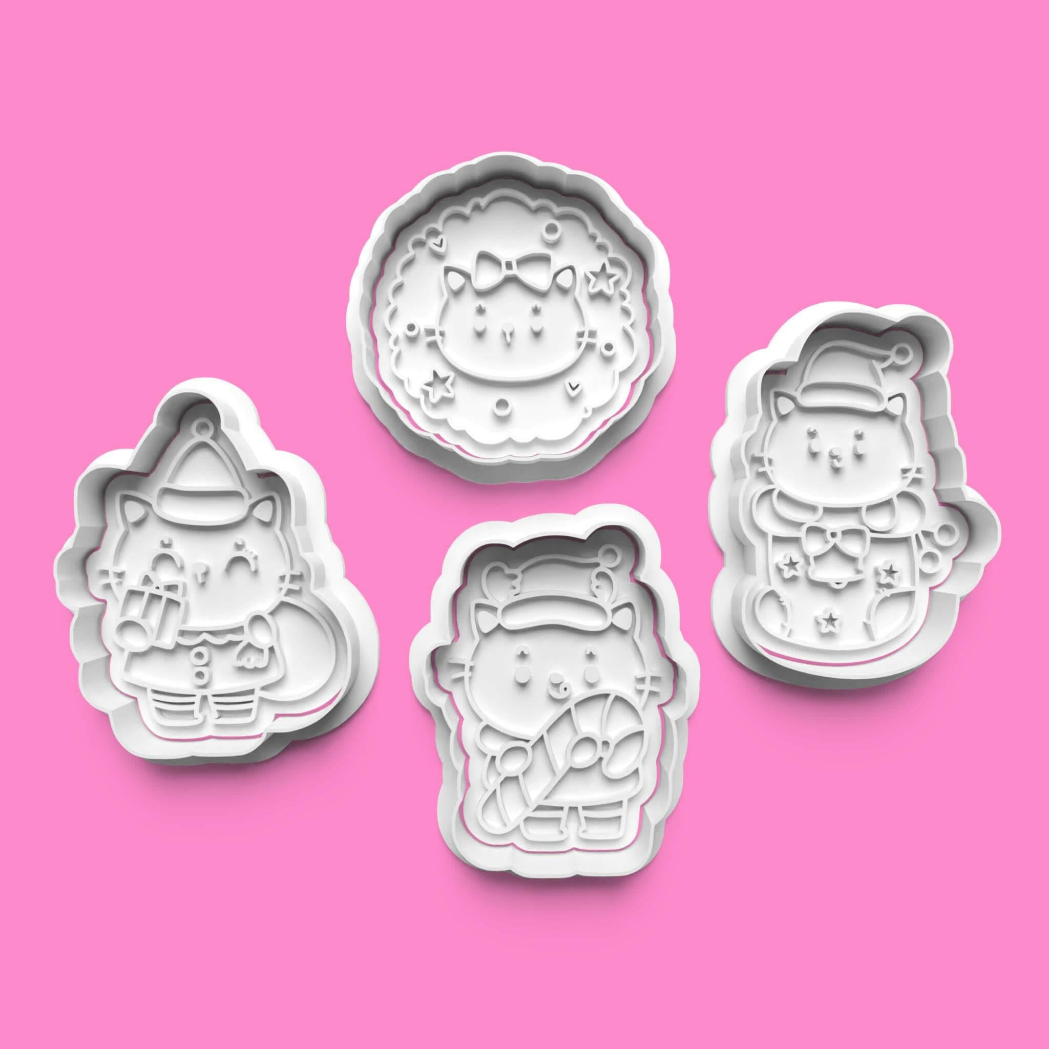 Christmas Cats Set 2 Cookie Cutter and Embosser Stamp Set. Handmade gift item..