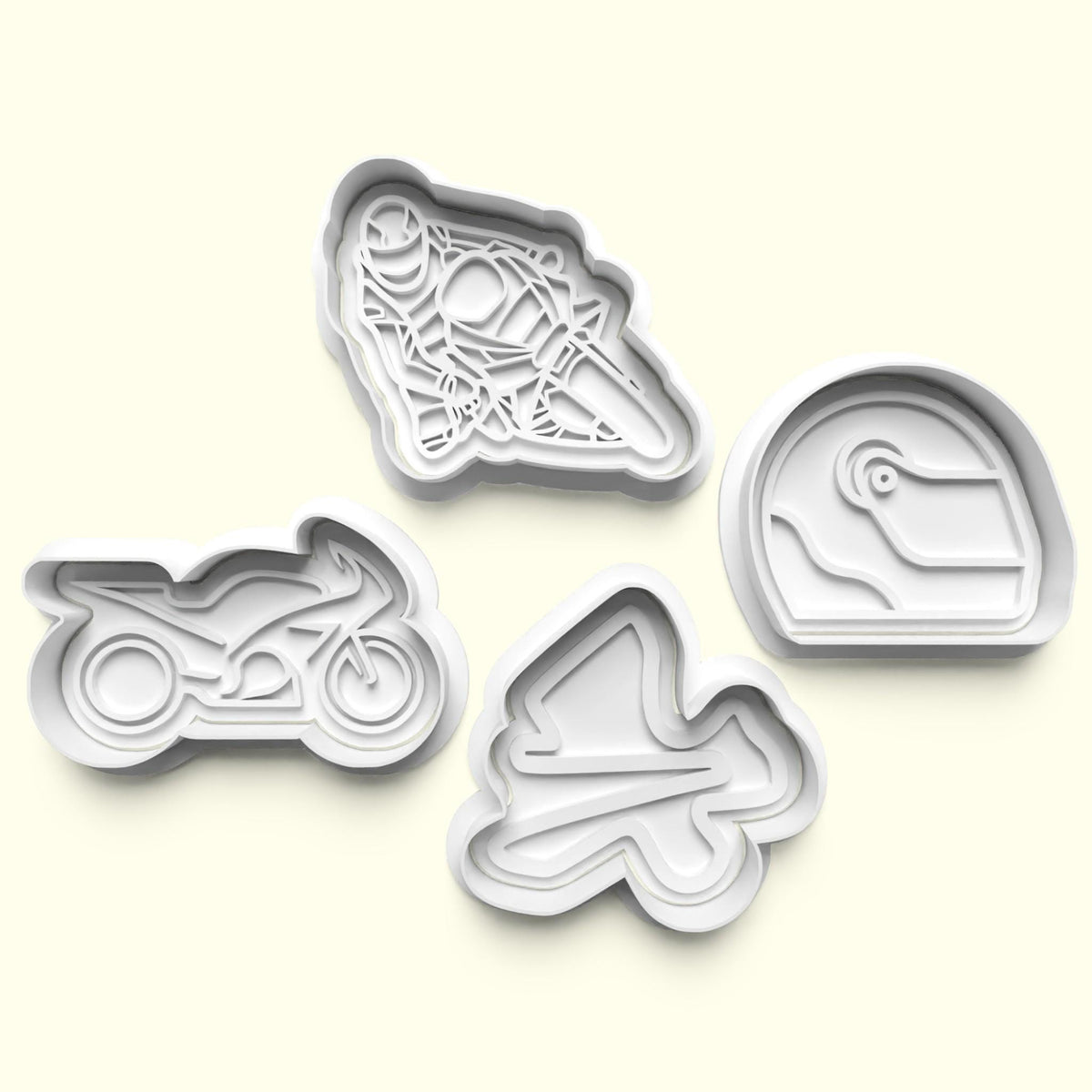 Moto GP Superbikes Cookie Cutter and Embosser Stamp Set. Handmade gift item.