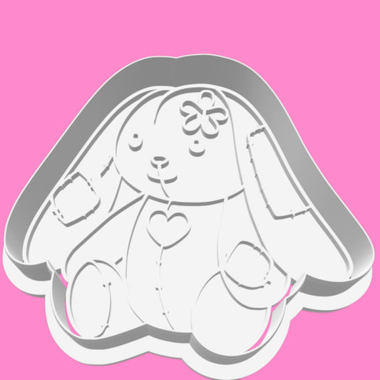 Vintage Patchwork Ragdoll Bunny Cookie Cutter & Stamp | Cute Floppy Ear Rabbit Baby Shower Biscuit Cutter | 8cm