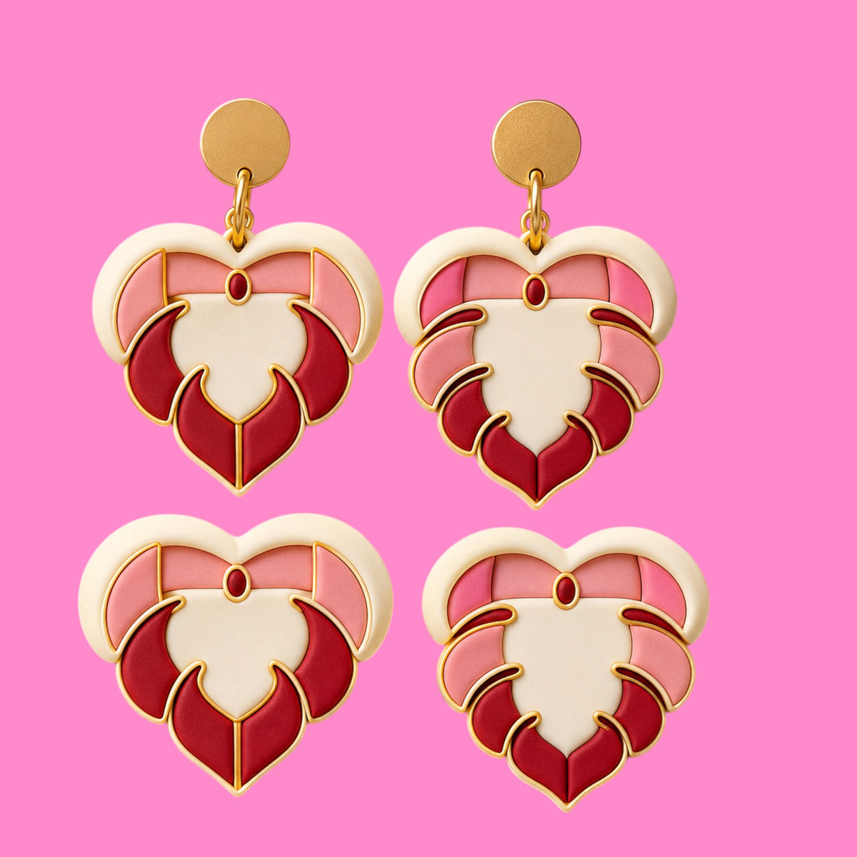 AI-generated example of handmade polymer clay earrings featuring two layered heart designs inspired by the clay cutter set.