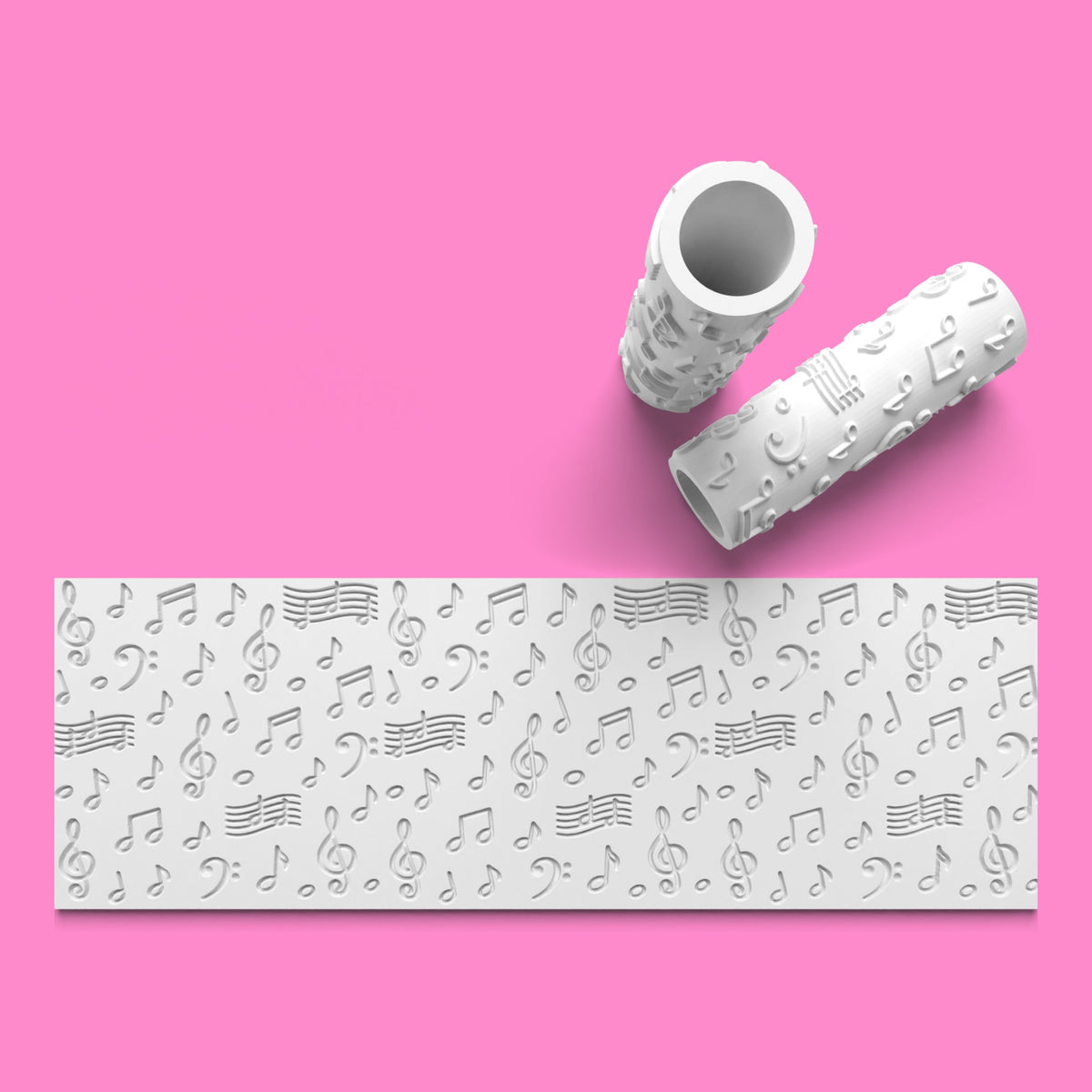 Create music-themed fondant and cookies with our 100mm musical notes textured roller. Choose emboss or outboss. Perfect for music lovers and birthdays.