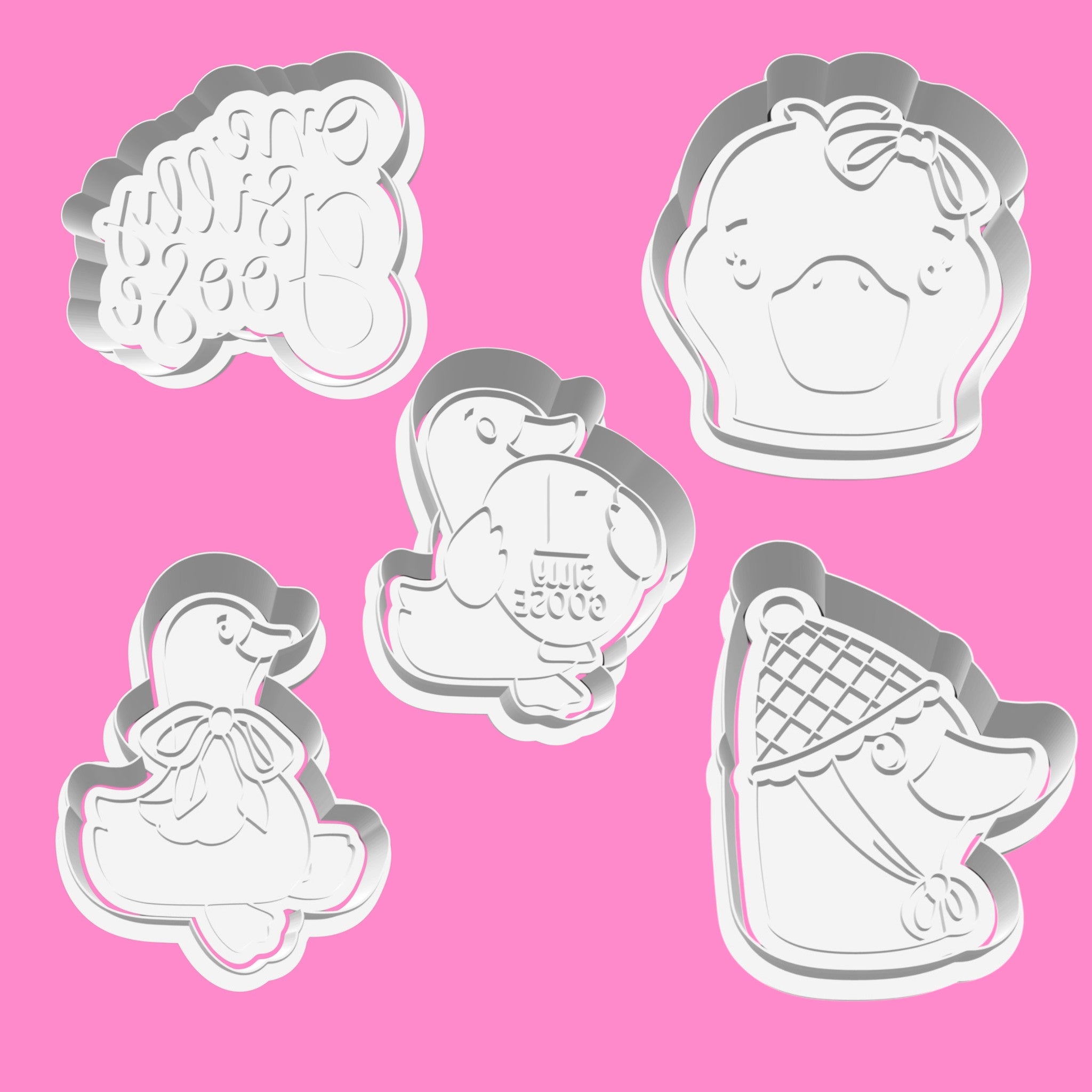 One Silly Goose 1st Birthday Cookie Cutter & Stamp Set | Cute Goose with Balloon, Bow & Winter Hat Designs | 8cm