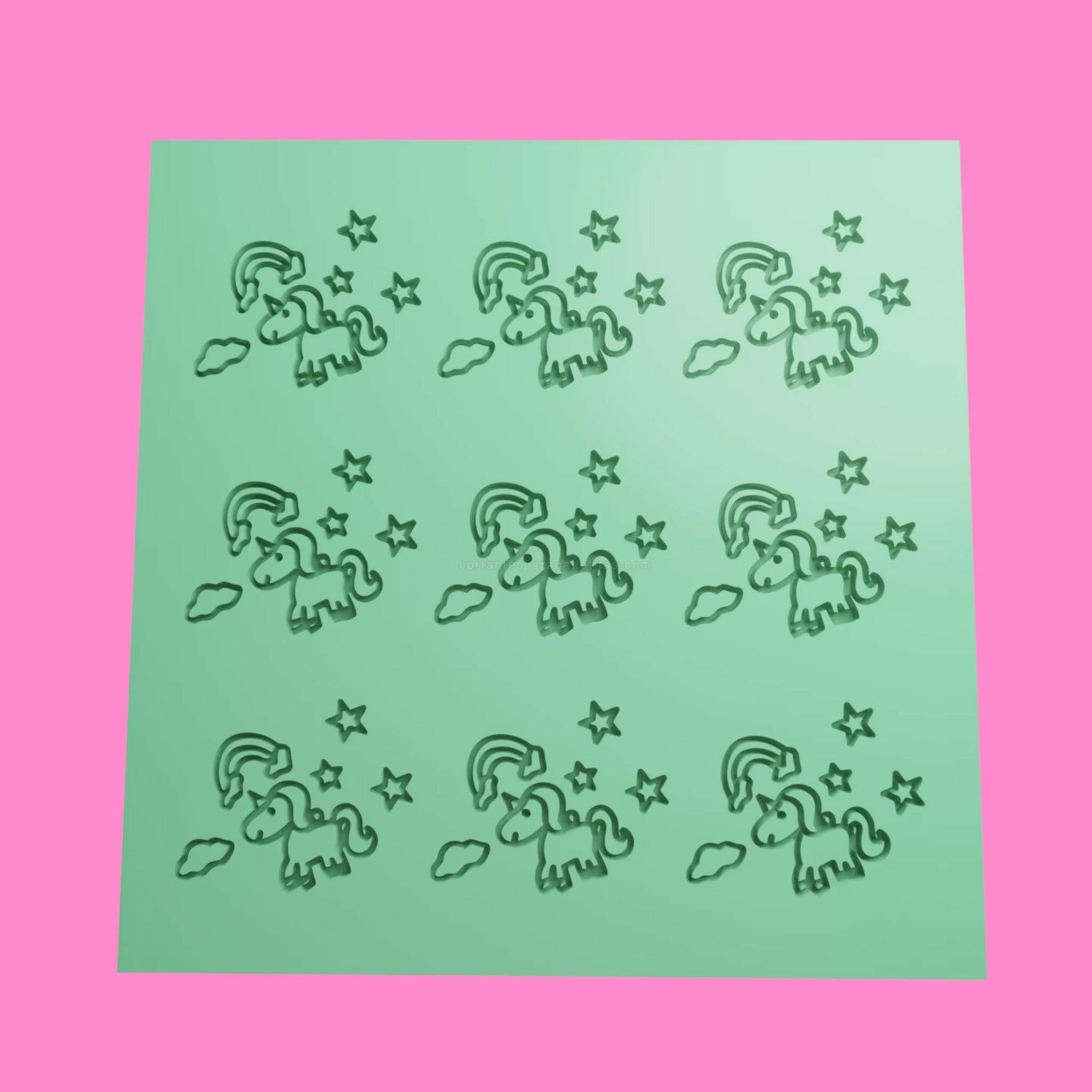 A 3D printed sheet with unicorn textured designs for embossing or outbossing, intended for use on fondant, cookie dough, or clay.