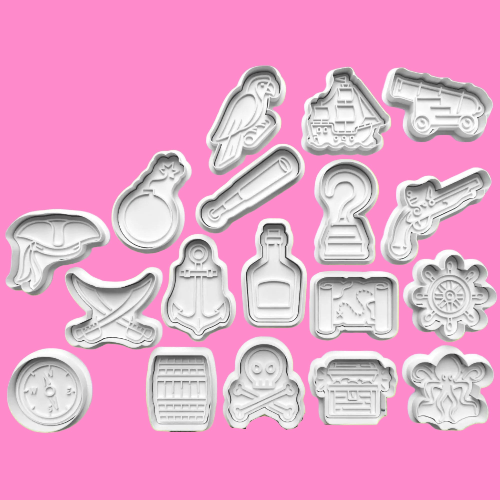 Pirate  Cookie Cutters and Embossers Complete Set of 18 in 7cm or 10cm sizes..