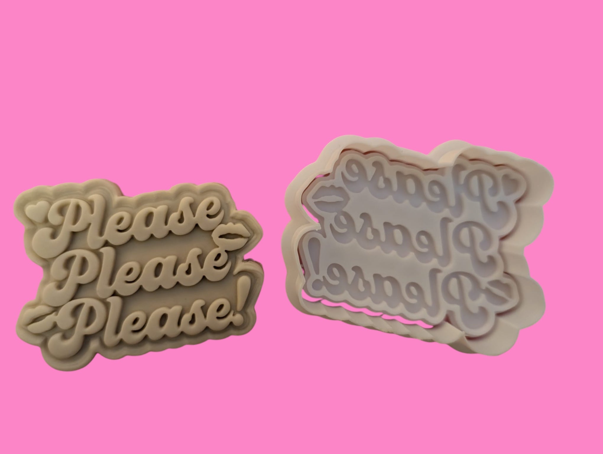 Two cookie cutters with the phrase 'Please Please Please' in different styles, one above the other, on a pink background.