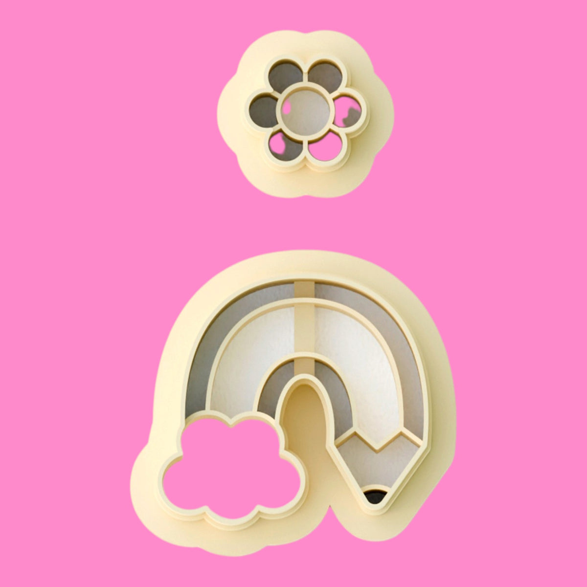 Rainbow with cloud and six-petal flower polymer clay cutter set in cream PLA by Emboss & Impress.