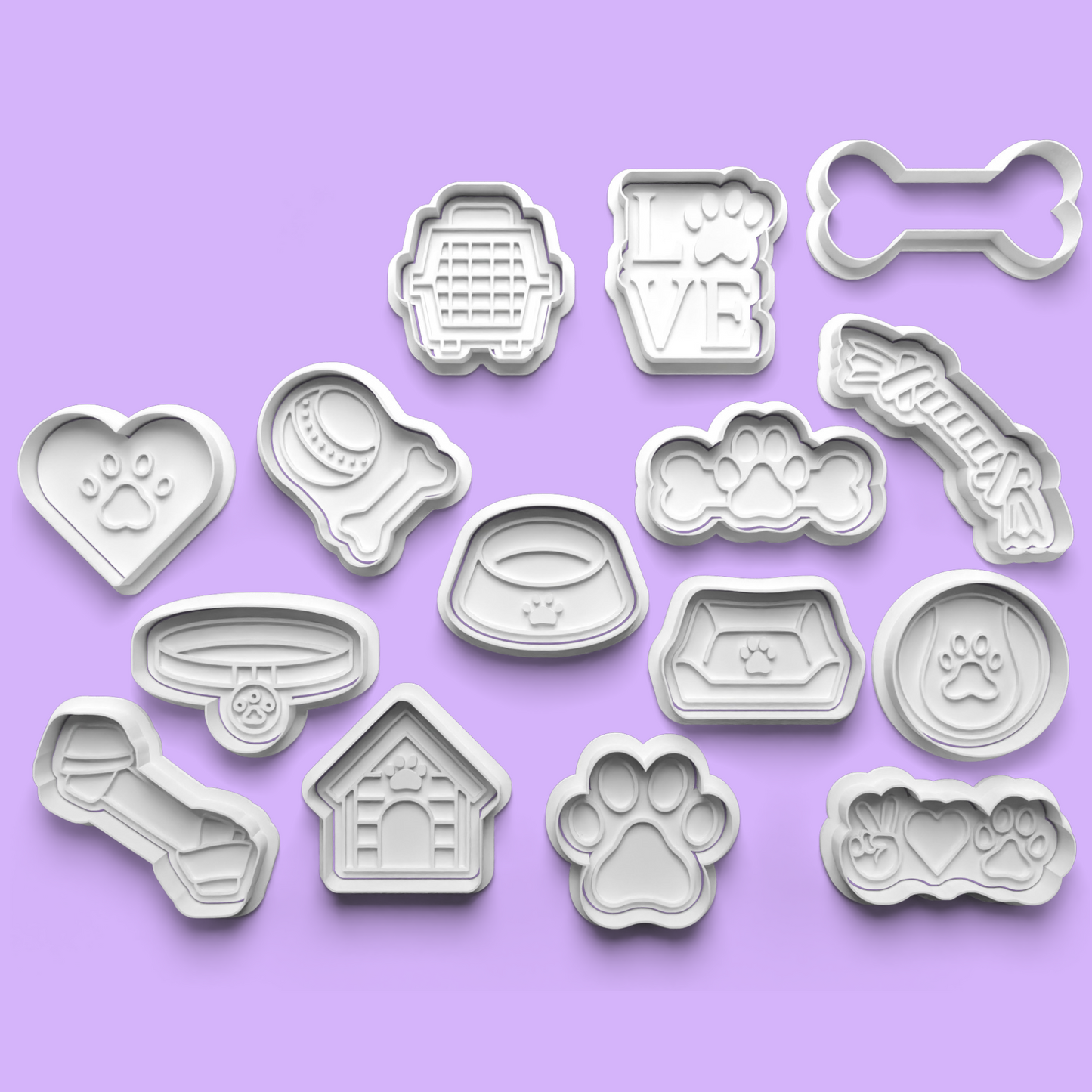 Pet Item Dog Paw Cookie Cutters and Embossers Comple Set of 15 in 7cm or 10cm sizes..