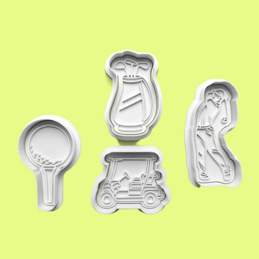 Golf-Themed Embosser and Cookie Cutter Set – Ball on Tee, Golf Cart, Golf Bag with Clubs, and Golfer Designs