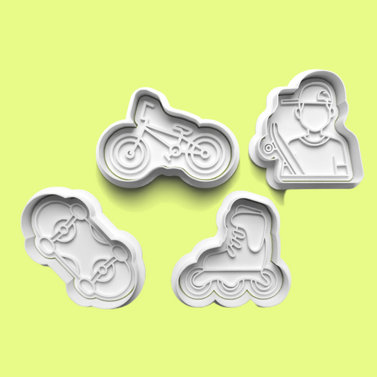 Skateboarder Biker Skater complete Cookie Cutters and Embosser Set. Handmade gift item.