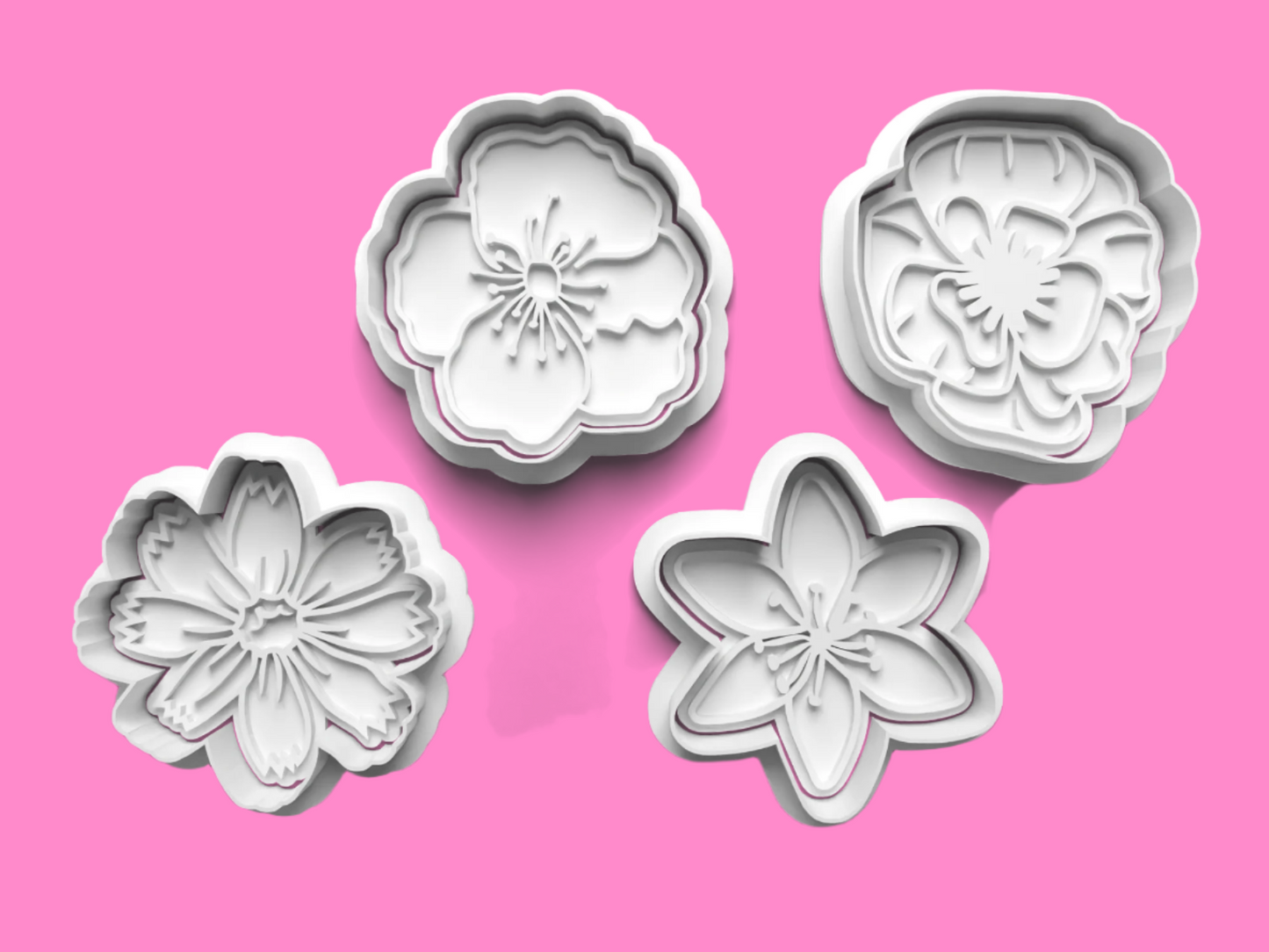 Flower  Cookie Cutter and Embosser Set of 4 in 7cm or 10cm sizes.