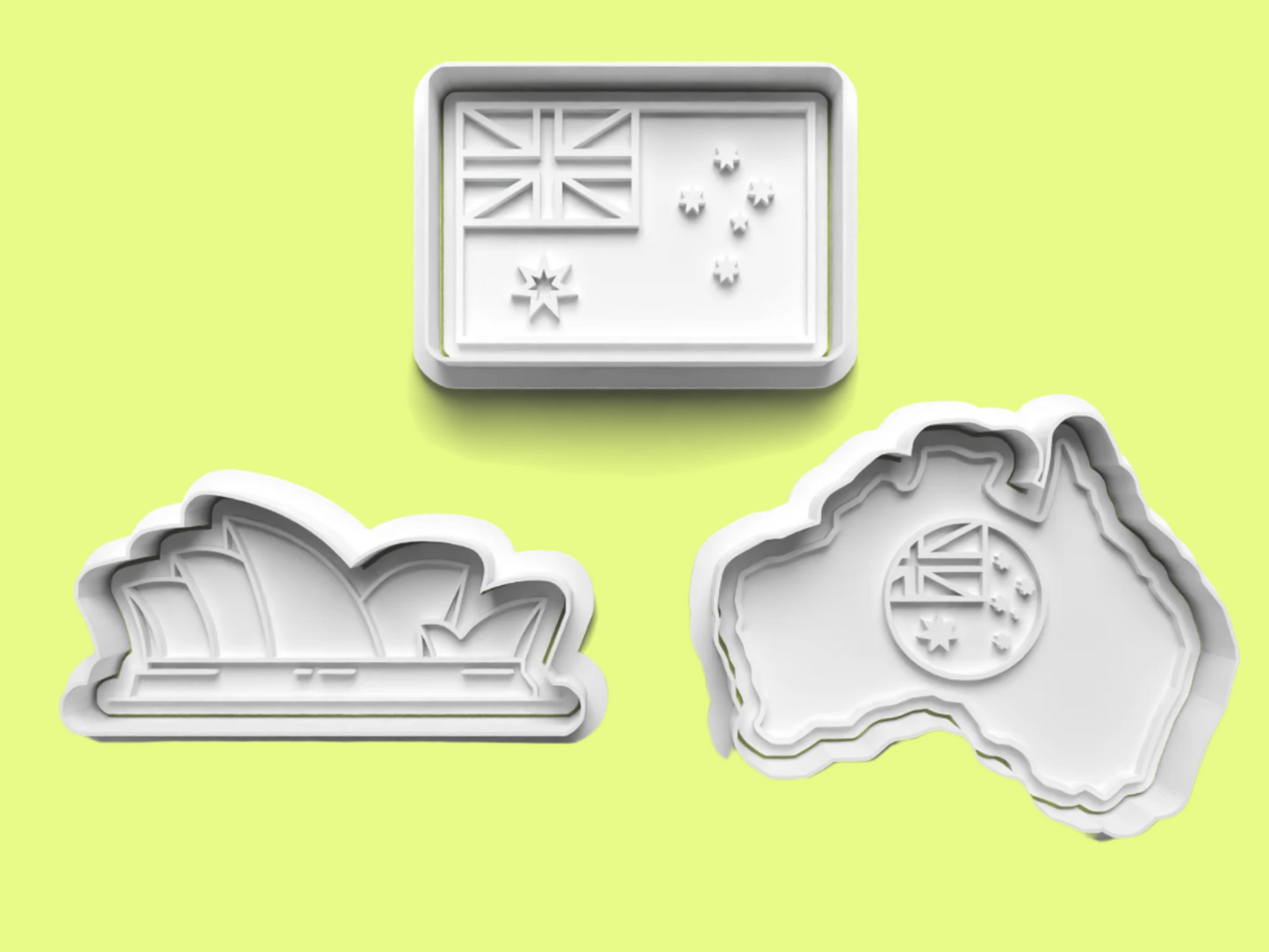 Australia-Themed Embosser and Cookie Cutter Set – Map, Flag, Sydney Opera House Designs