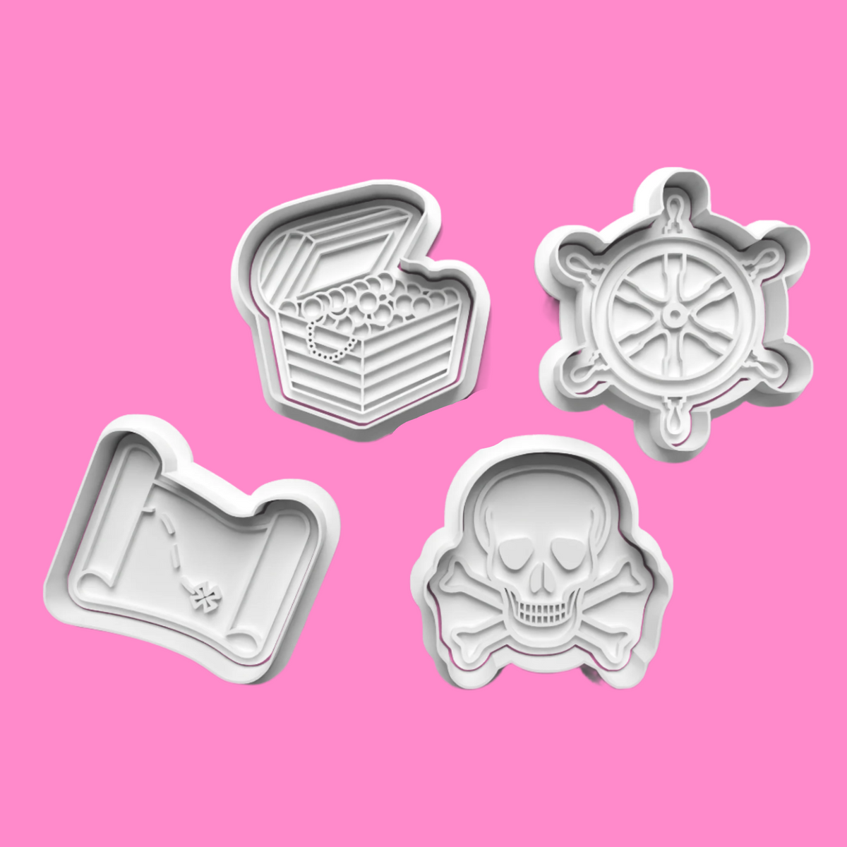 Pirate-Themed Embosser and Cookie Cutter Set – 4-Piece Nautical Adventure Baking Tools.