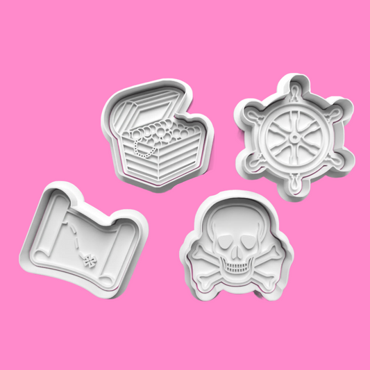 Pirate-Themed Embosser and Cookie Cutter Set – 4-Piece Nautical Adventure Baking Tools