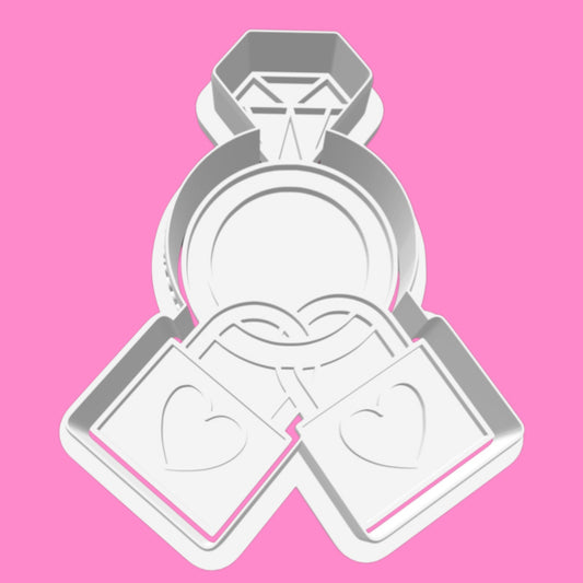 Diamond Ring & Heart Padlocks Cookie Cutter - Engagement, Wedding & Anniversary Design