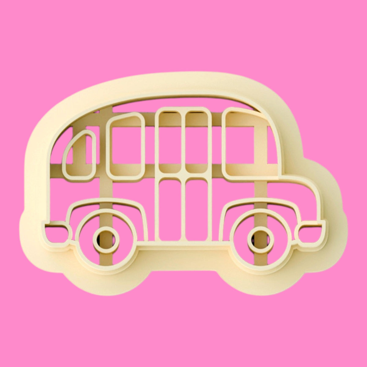 School bus polymer clay cutter and embosser with window, door and wheel details, available in 25mm to 45mm sizes by Emboss & Impress.