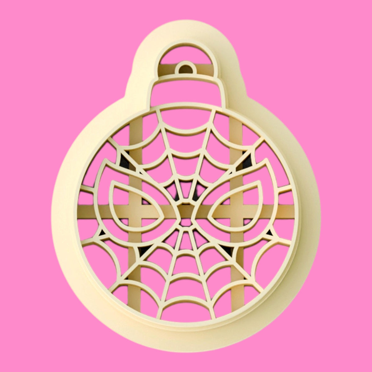 3D printed Spider Web Superhero Christmas Bauble polymer clay cutter with detailed web pattern and superhero-style eyes, available in five sizes from 25mm to 45mm.