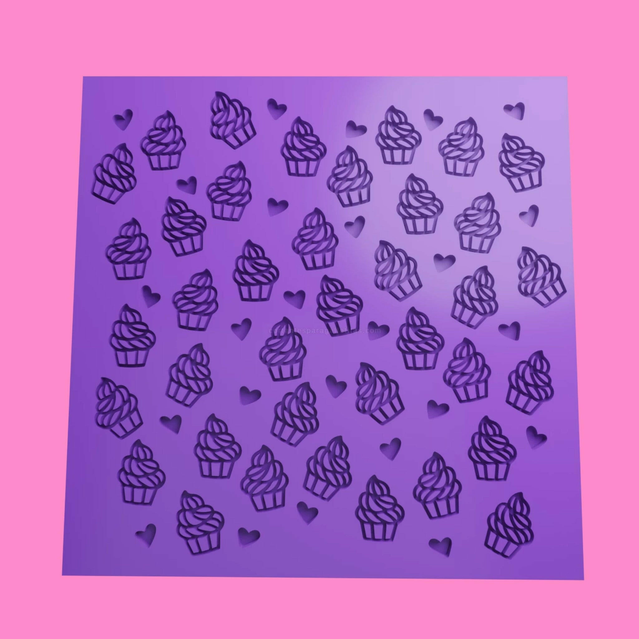 A 3D printed embosser sheet with cupcake and muffin motifs for baking tools.