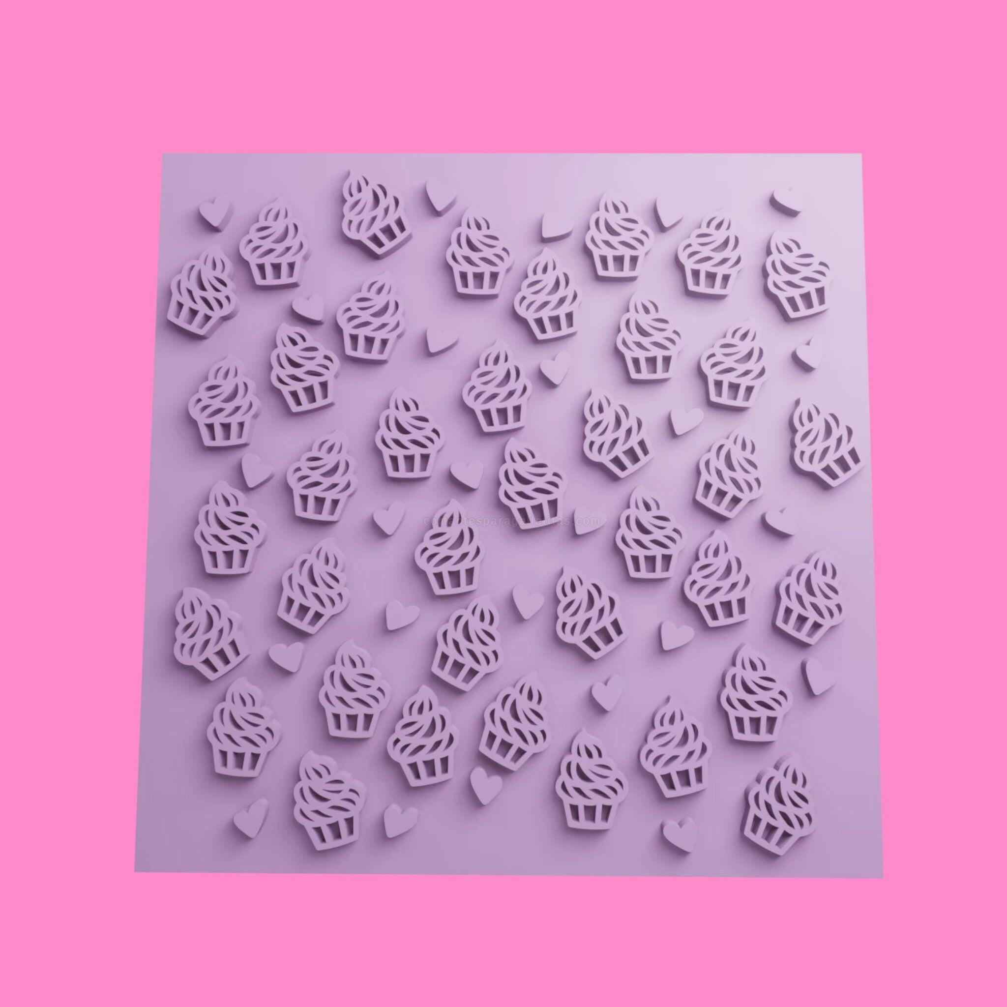 A 3D printed embosser sheet with cupcake and muffin motifs for baking tools.