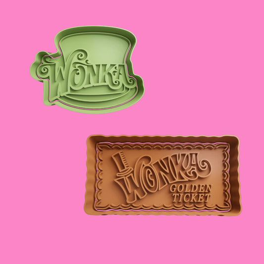 Willly Wonka Golden Ticket and Hat Cookie Cutter and Embosser Stamp Complete Set Size 8cm